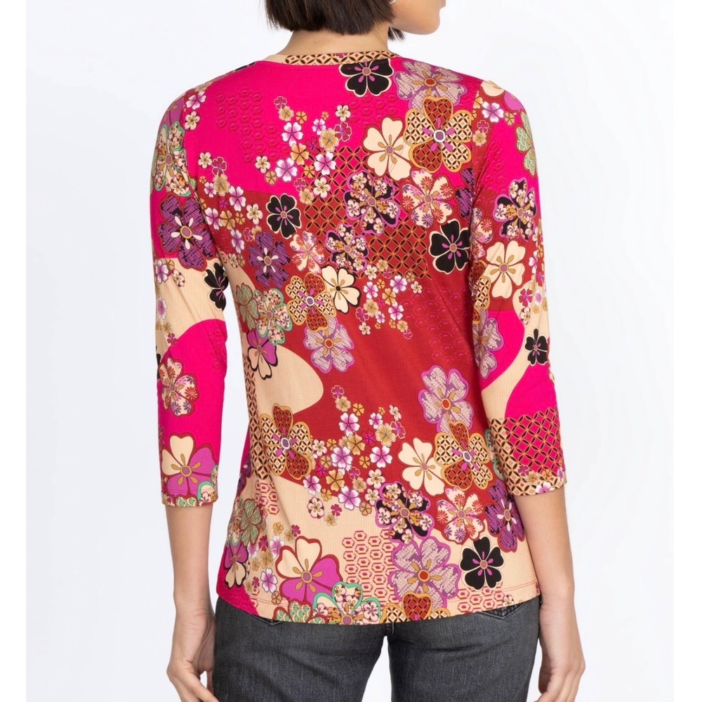 Johnny Was Yama Favorite 3/4 Sleeve V-Neck Swing Tee Floral Boho Pink Large - Picture 2 of 7